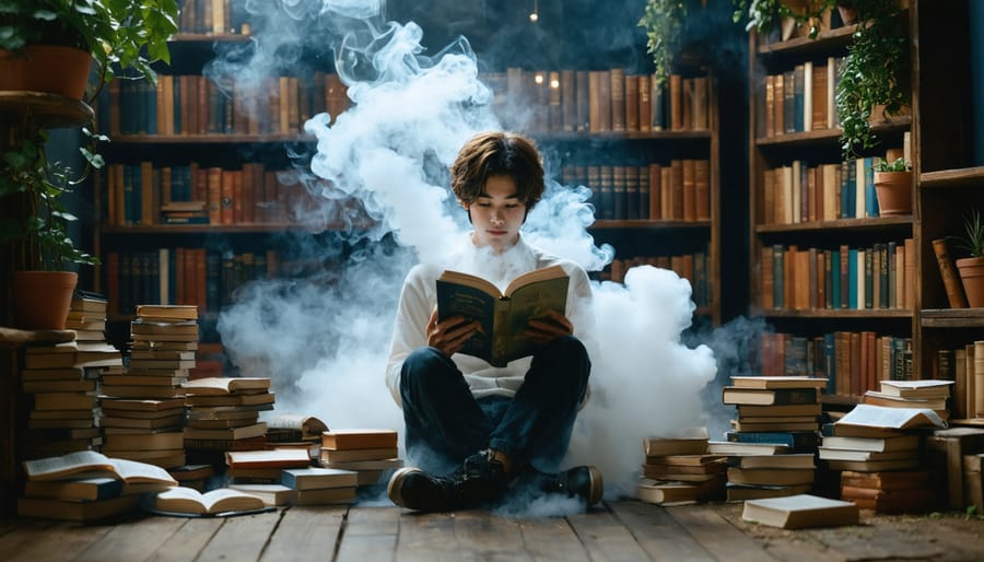 Person in a cozy reading nook surrounded by books and vapor, symbolizing the interplay of vape culture and modern literature.