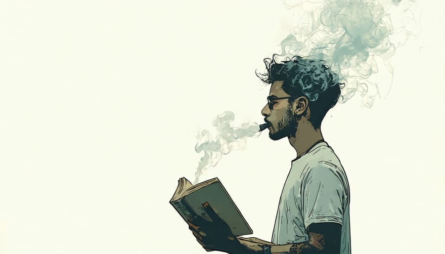 Person holding a vape device while reading a book