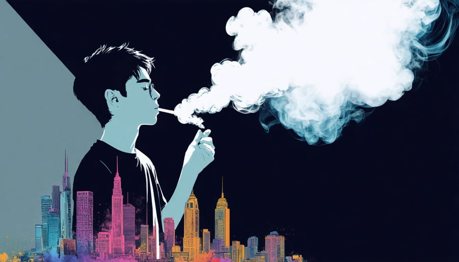 Illustration depicting a young adult character vaping, with vapor forming into modern city scenes