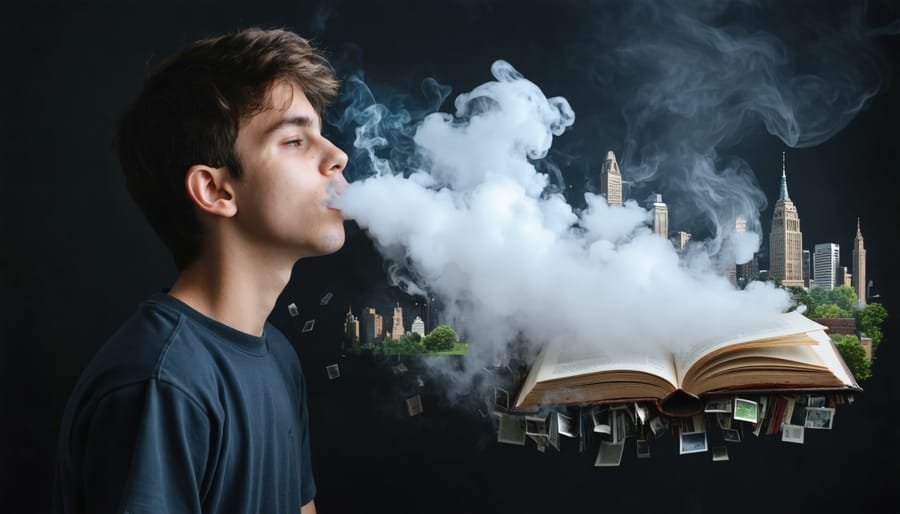 Conceptual illustration of a young individual exhaling vape clouds that transform into literary scenes and characters in urban settings, highlighting vaping's impact on modern narratives.