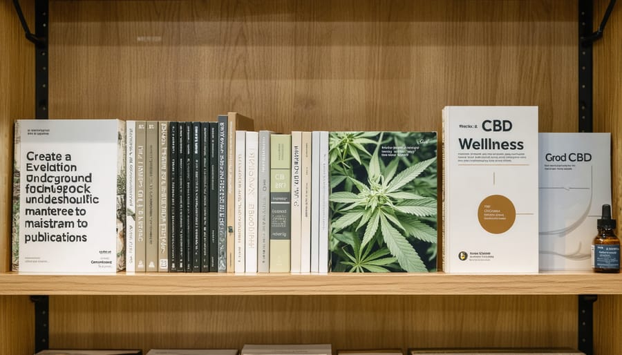 Various CBD wellness books arranged chronologically on a bookshelf, demonstrating the evolution of CBD literature