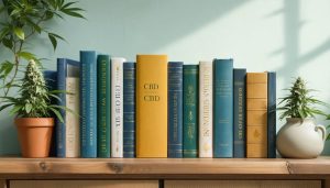 A curated collection of CBD wellness books on a refined wooden shelf, illustrating the evolution from underground to mainstream literature, with titles spanning scientific, lifestyle, and holistic healing genres.